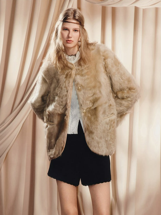 Loose Fit Wool And Leather Round Neck Coat