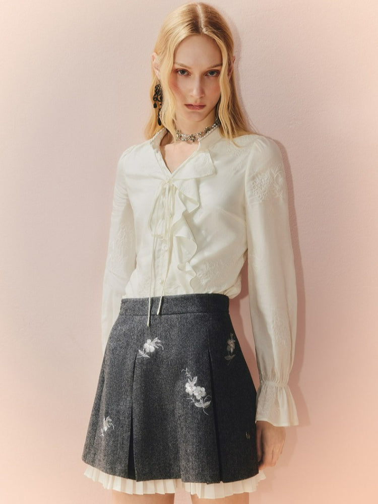 Ruffled V Neck Loose Long Sleeve Satin Top