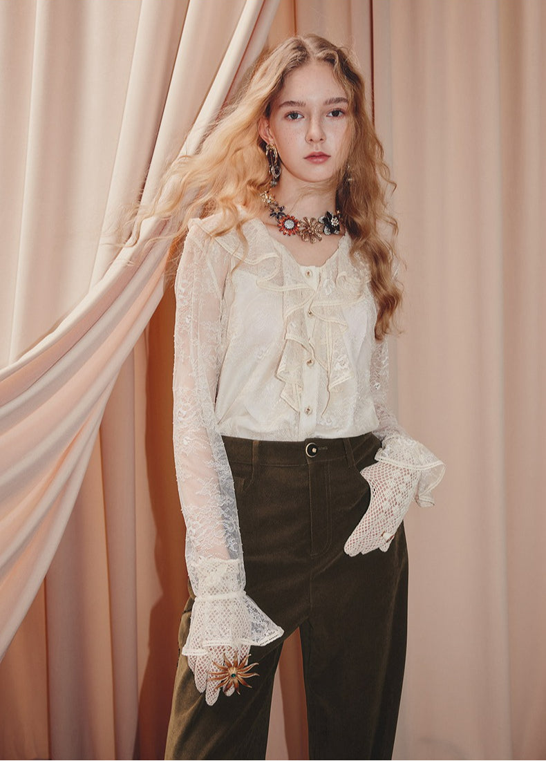 V Neck Ruffled Lace Chiffon Shirt