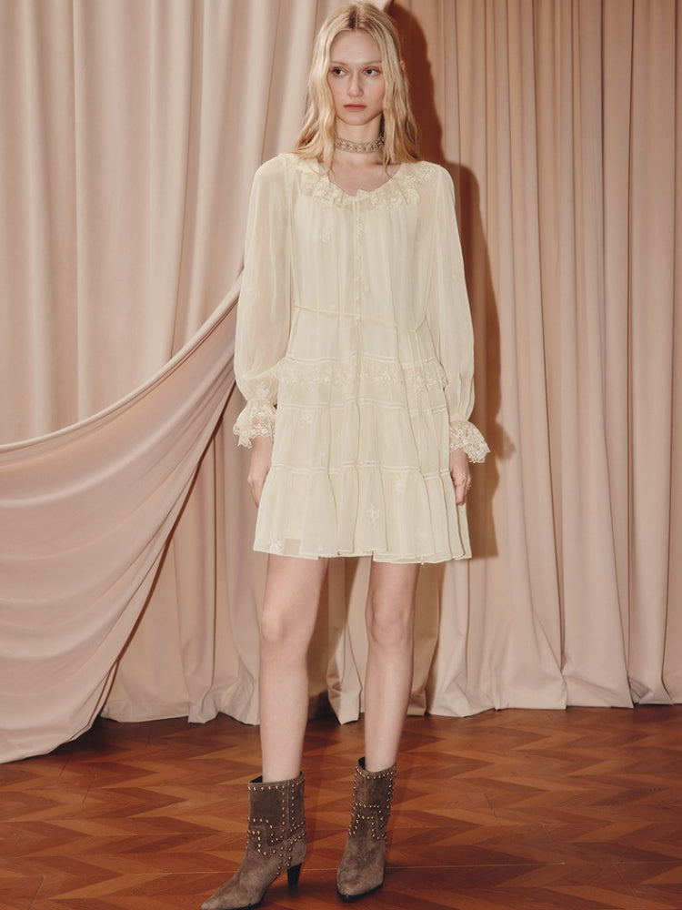 Beige Chiffon V Neck Ruffled Mini Dress