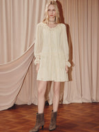 Beige Chiffon V Neck Ruffled Mini Dress