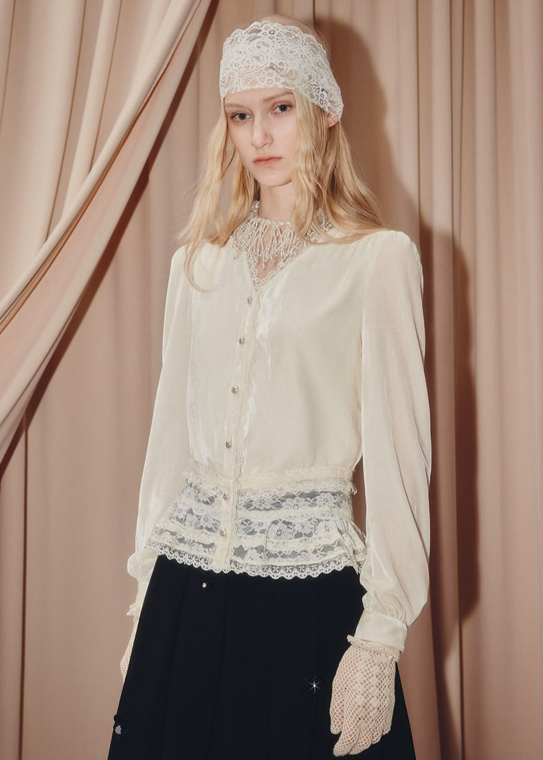 Velvet Lace V-neck Long-sleeved Top