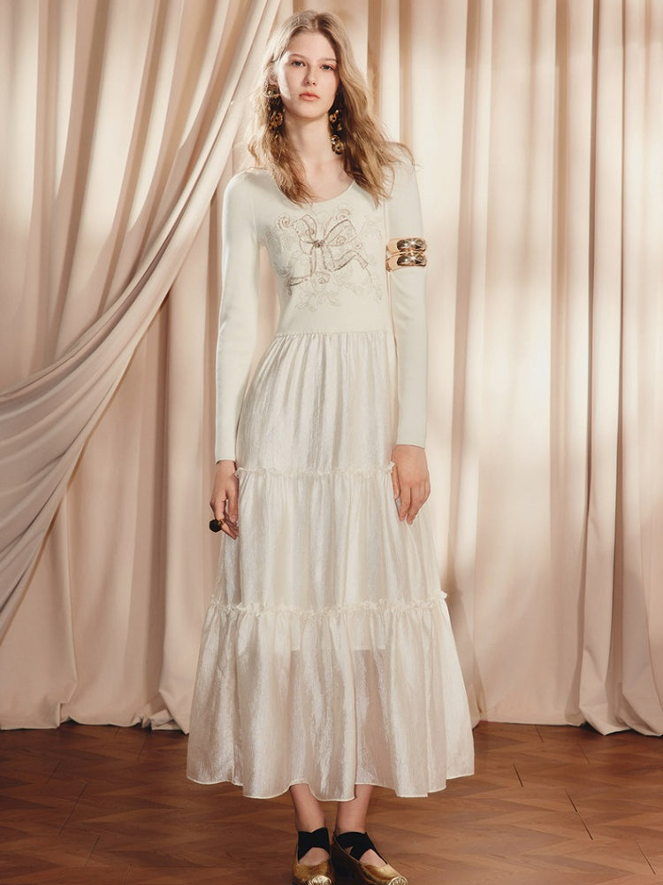 Beige Ruffled Cake Knitted Long Sleeve Dress