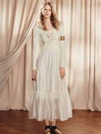 Beige Ruffled Cake Knitted Long Sleeve Dress