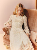 V Neck Long Sleeve Bodycon Lace Midi Dress