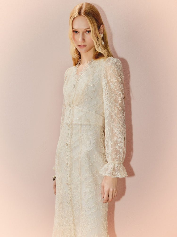 V Neck Long Sleeve Bodycon Lace Midi Dress