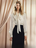 Lace Satin Bow Neckline Long Sleeve Blouse