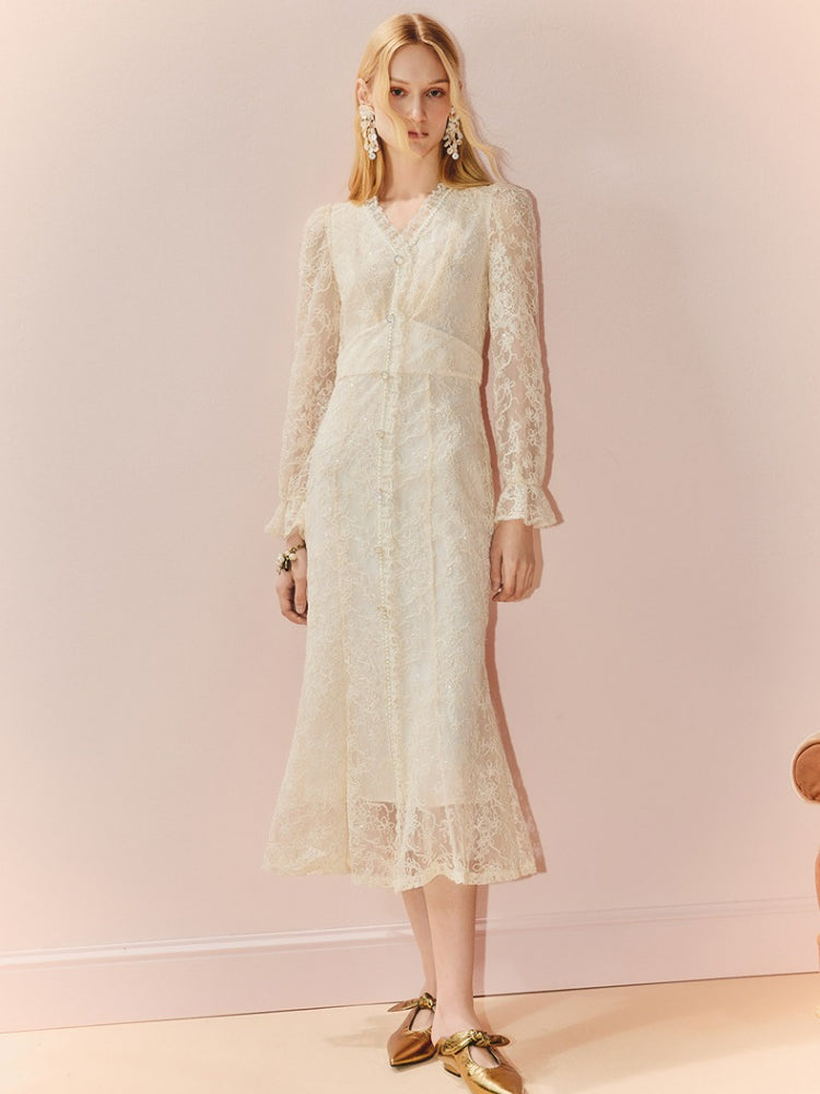 V Neck Long Sleeve Bodycon Lace Midi Dress