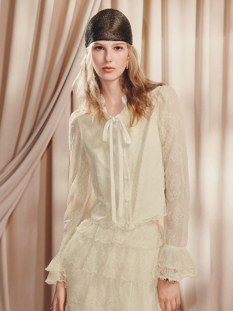 Lace Sleeve Double Flared Sleeves Short Blouse