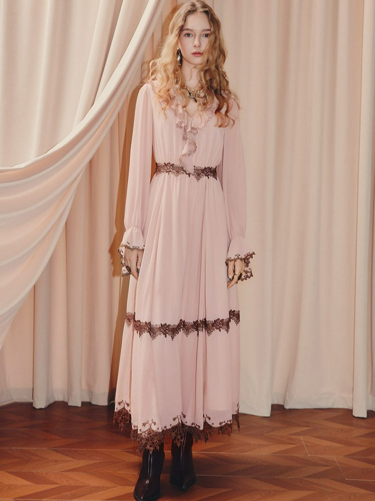Pink V Neck Long Sleeve Lace Maxi Dress