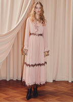 Pink V Neck Long Sleeve Lace Maxi Dress