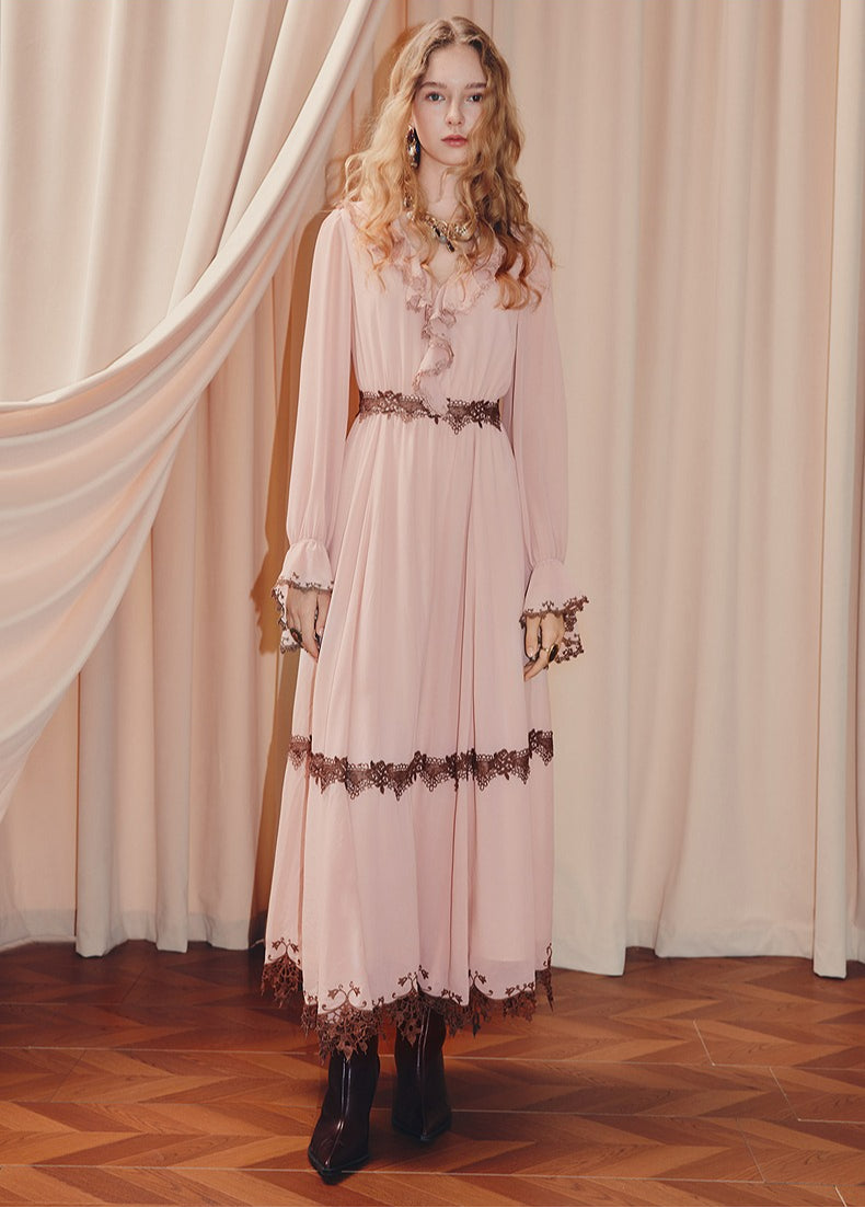Pink V Neck Long Sleeve Lace Maxi Dress