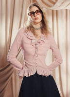 Pink V Neck Ruffled Long-sleeved Top