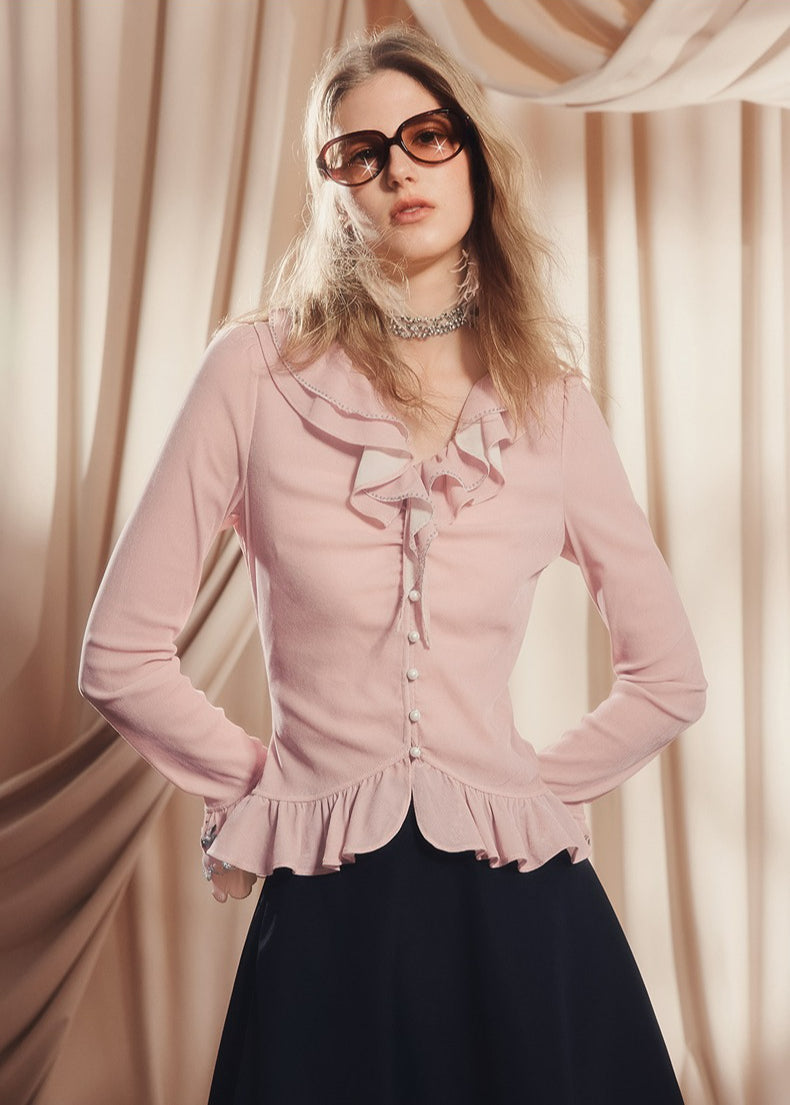 Pink V Neck Ruffled Long-sleeved Top