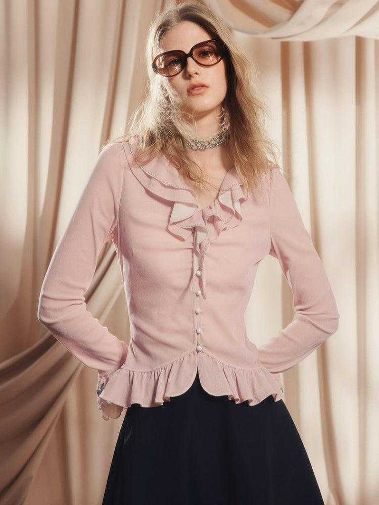 Pink V Neck Ruffled Long-sleeved Top