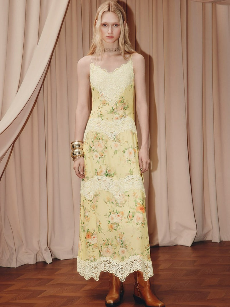 Floral Print Lace V Neck Sleeveless Maxi Dress