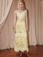 Floral Print Lace V Neck Sleeveless Maxi Dress