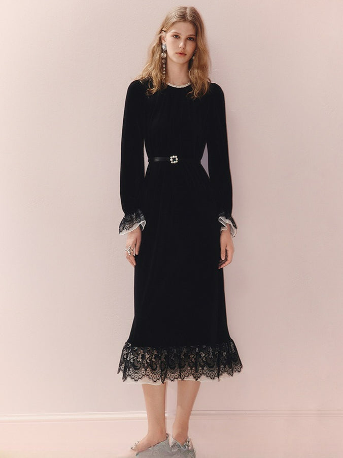 Velvet Elegant Long Sleeve Lace Dress