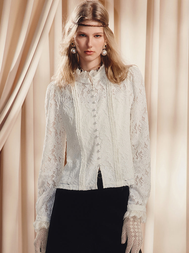 Vintage Lace Long Sleeve Ruffled Blouse