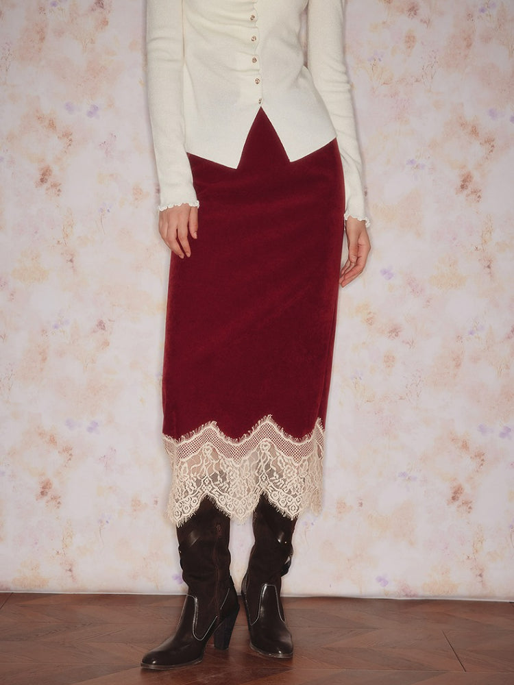Red Lace Velvet H Shape Long Skirt