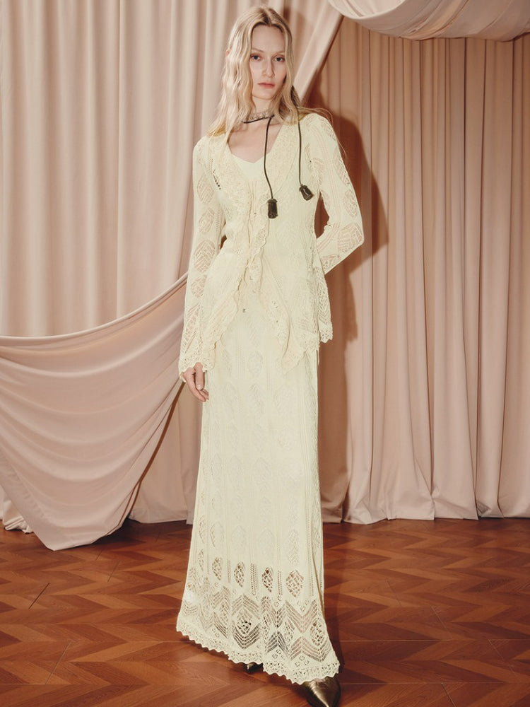 Bohemian V Neck Hollow Long Sleeve Top And Skirt Two-piece Set