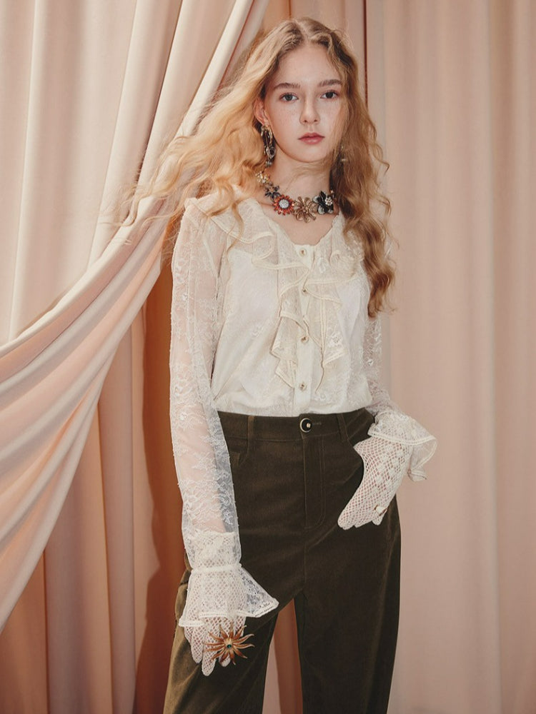 V Neck Ruffled Lace Chiffon Shirt