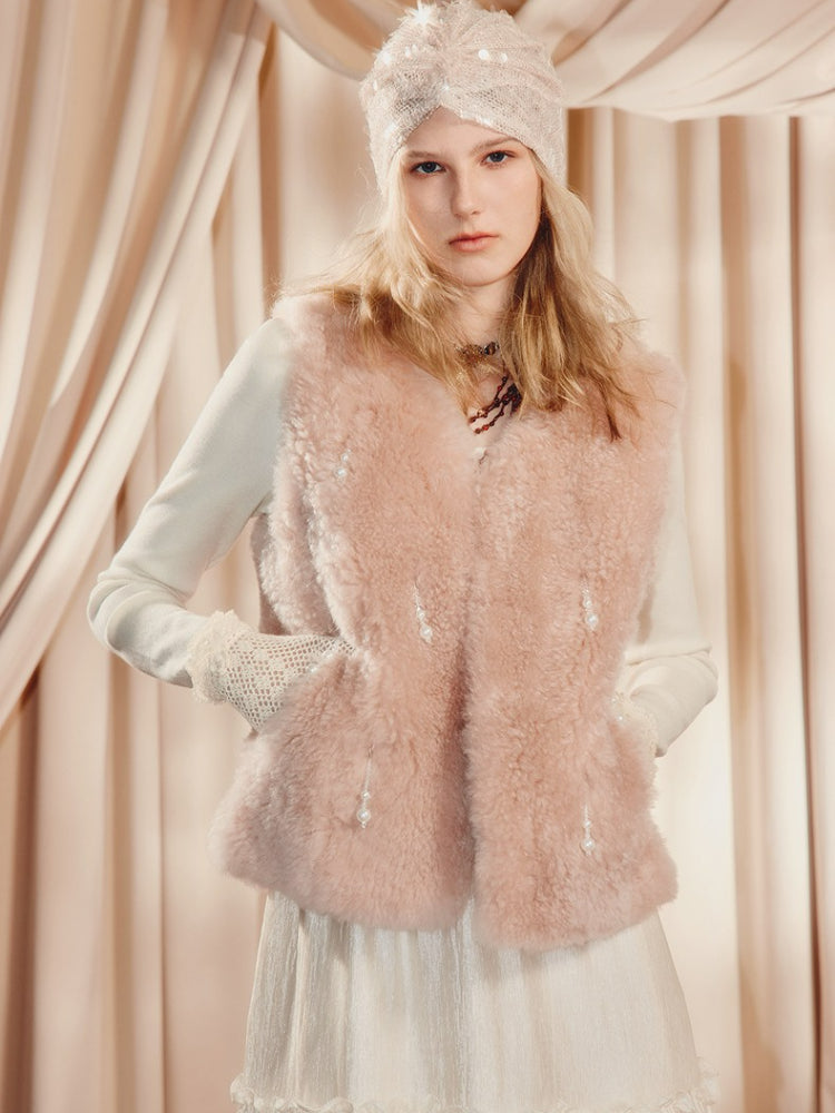 Winter V-neck Wool And Leather Vest Coat