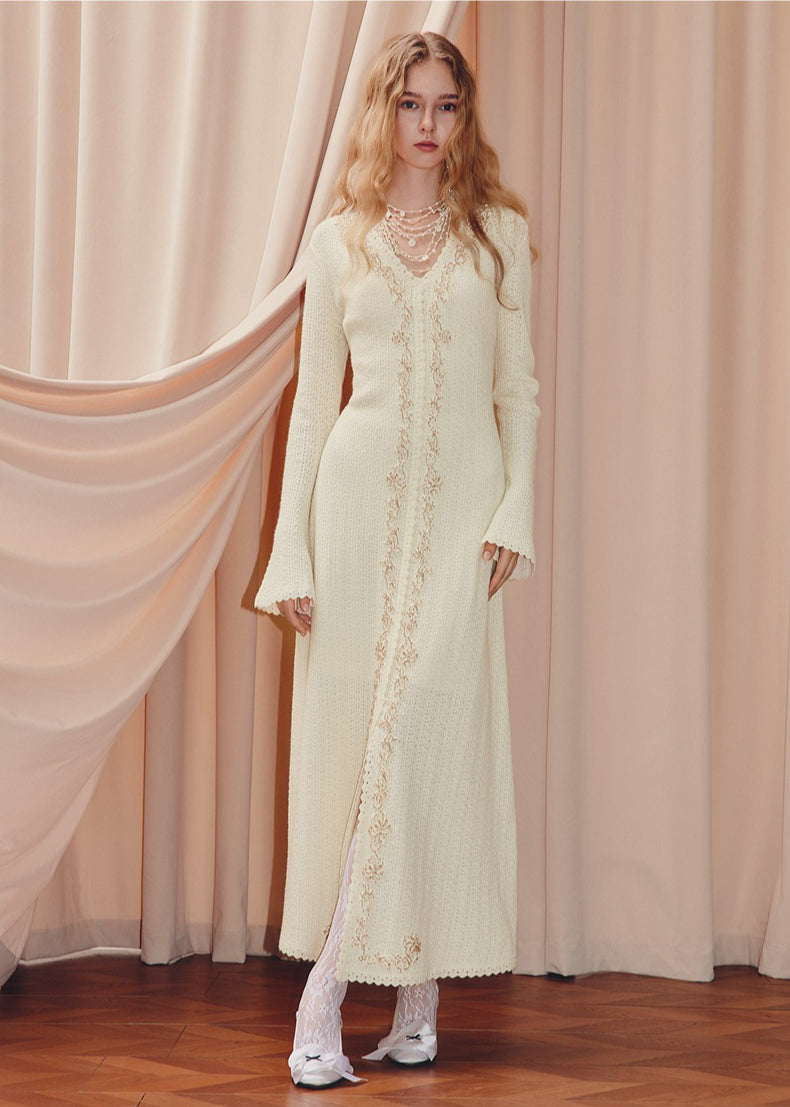 Long Sleeve V Neck Wool Knitted Dress