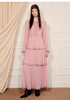 Pink Embroidered Long-sleeved A Line Maxi Dress