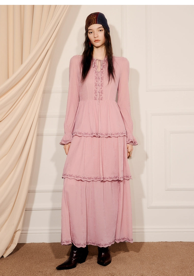 Pink Embroidered Long-sleeved A Line Maxi Dress