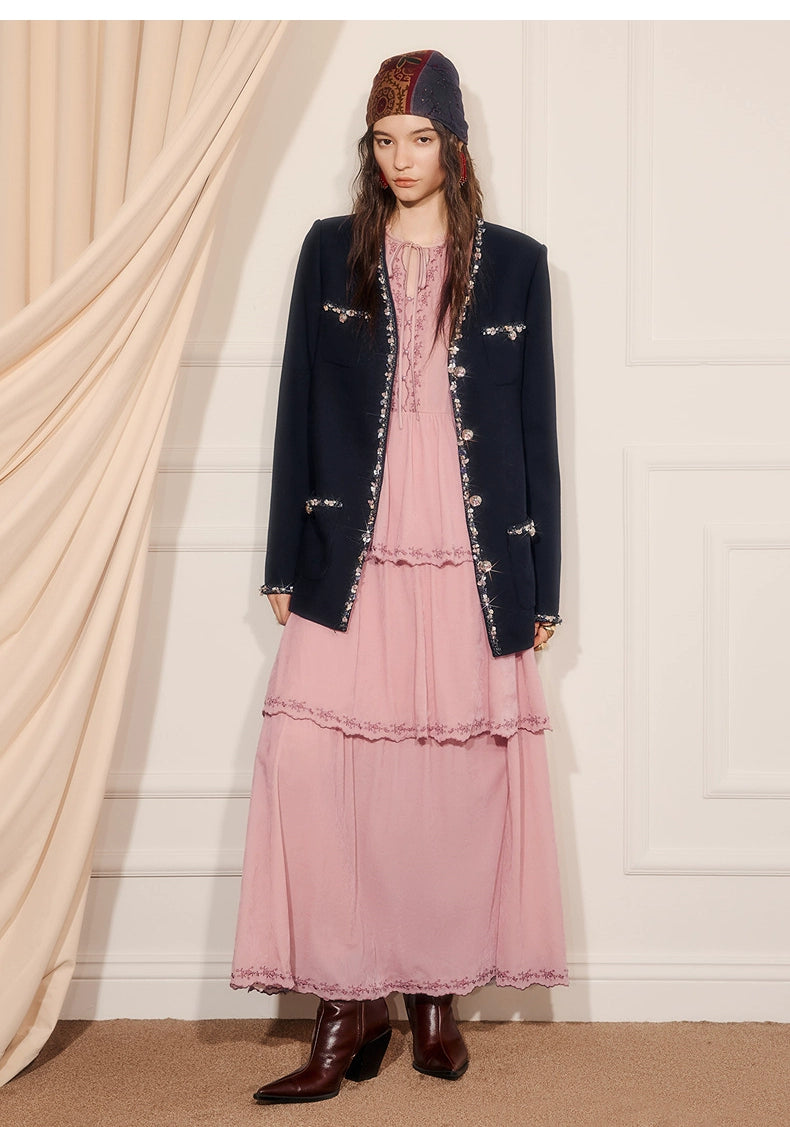 Pink Embroidered Long-sleeved A Line Maxi Dress