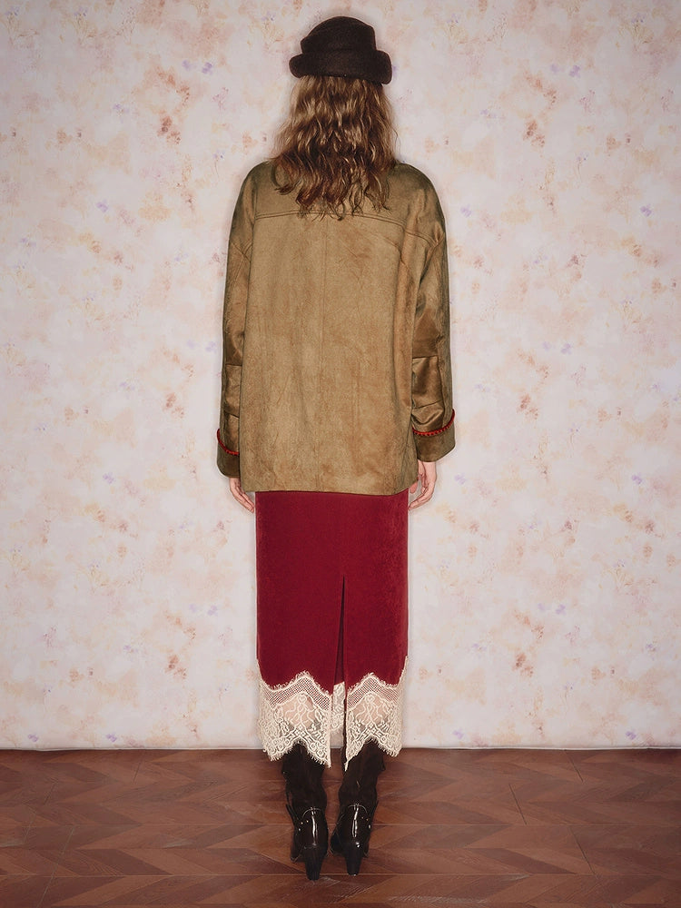 Embroidered Lapel Suede Fleece Jacket