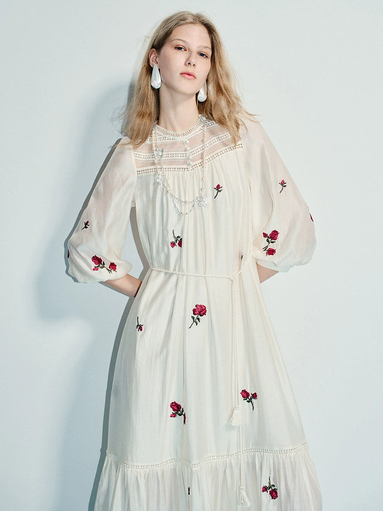 Flower Lantern Sleeves Loose Fit Satin Dress