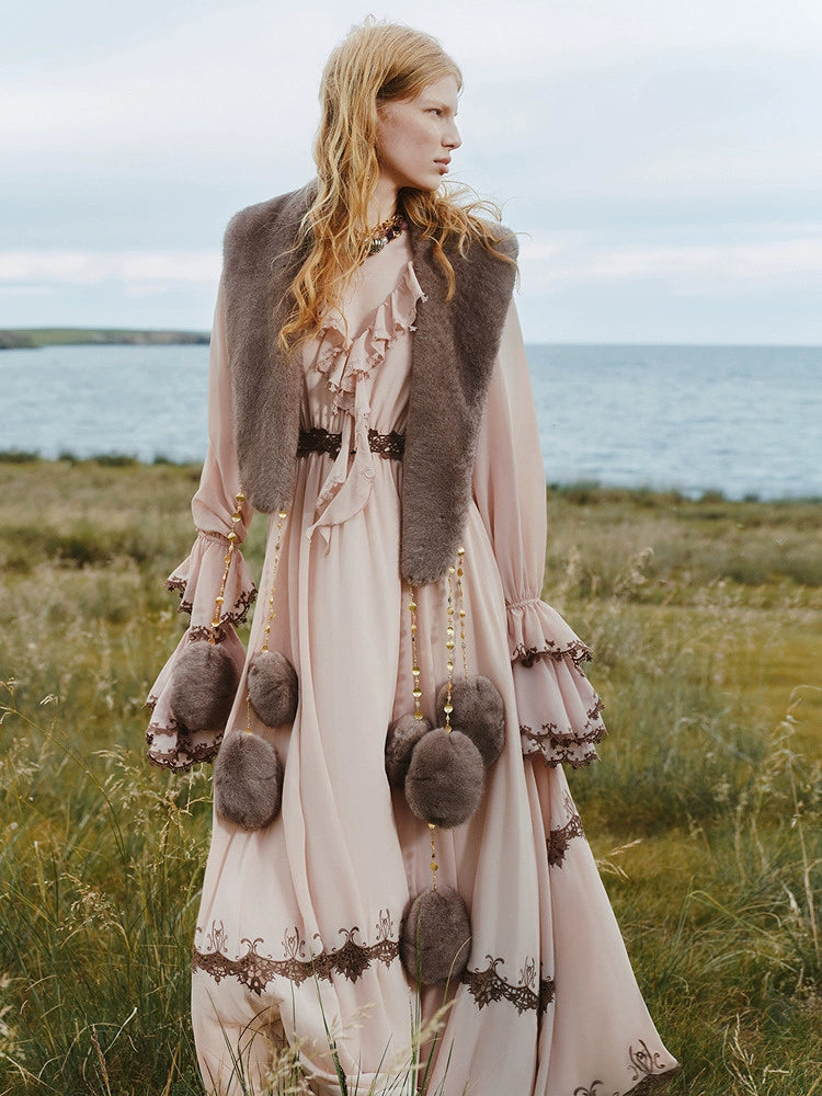 Pink V Neck Long Sleeve Lace Maxi Dress