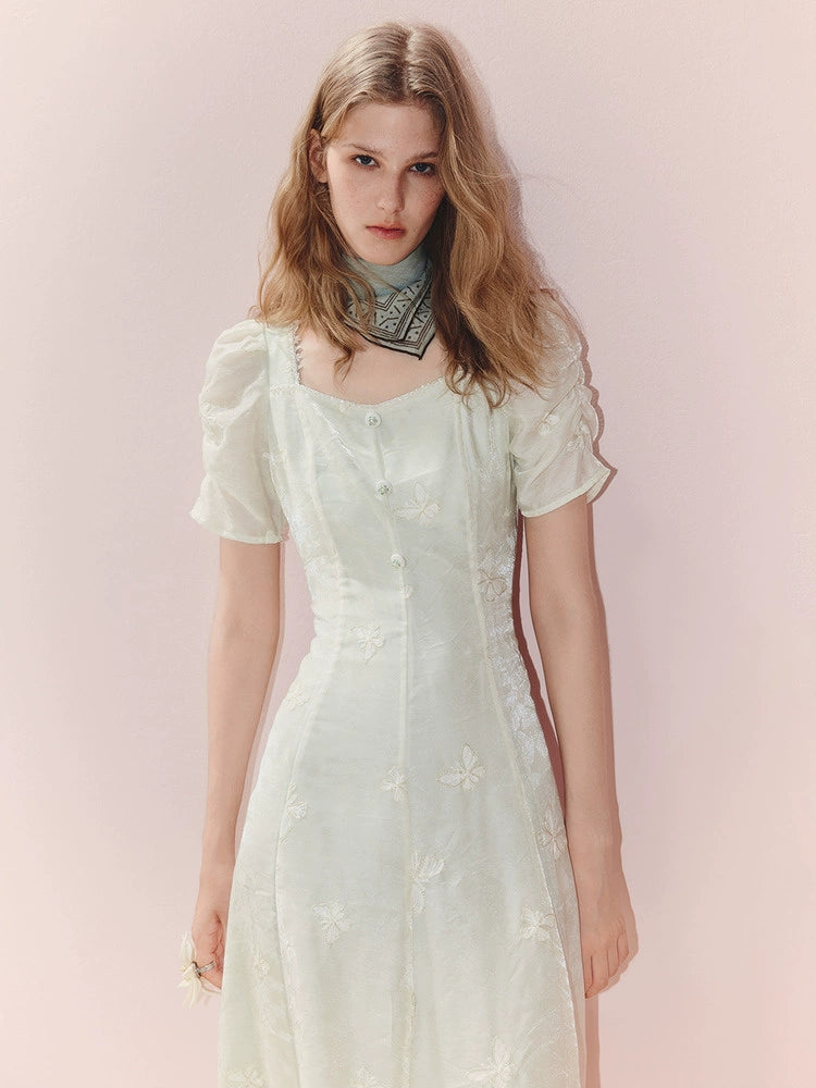 Square Neck Butterfly Embroidered Midi Dress