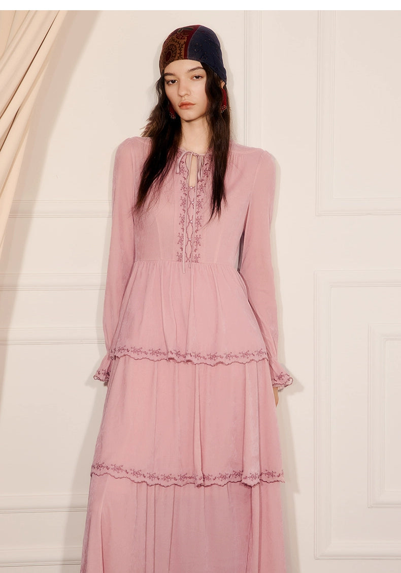 Pink Embroidered Long-sleeved A Line Maxi Dress