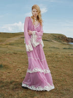 Pink V Neck Long Sleeve Loose Fit Two Piece Dress