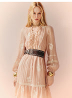 Pink V Neck Ruffles Flower Long Sleeve Mini Dress