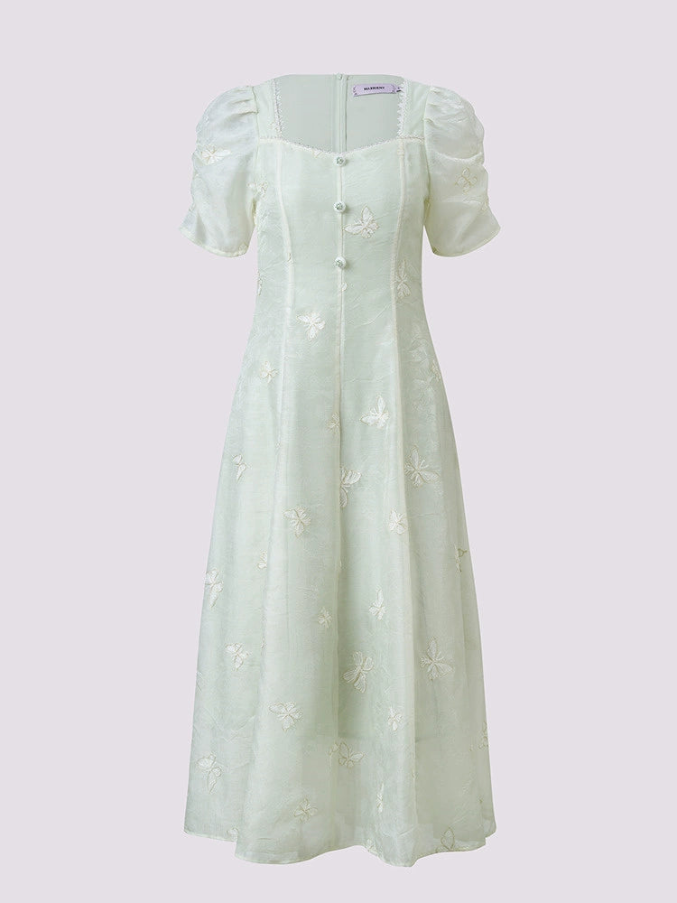 Square Neck Butterfly Embroidered Midi Dress