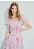 Chiffon Floral Print V Neck Pleated Short Sleeve Midi Dress