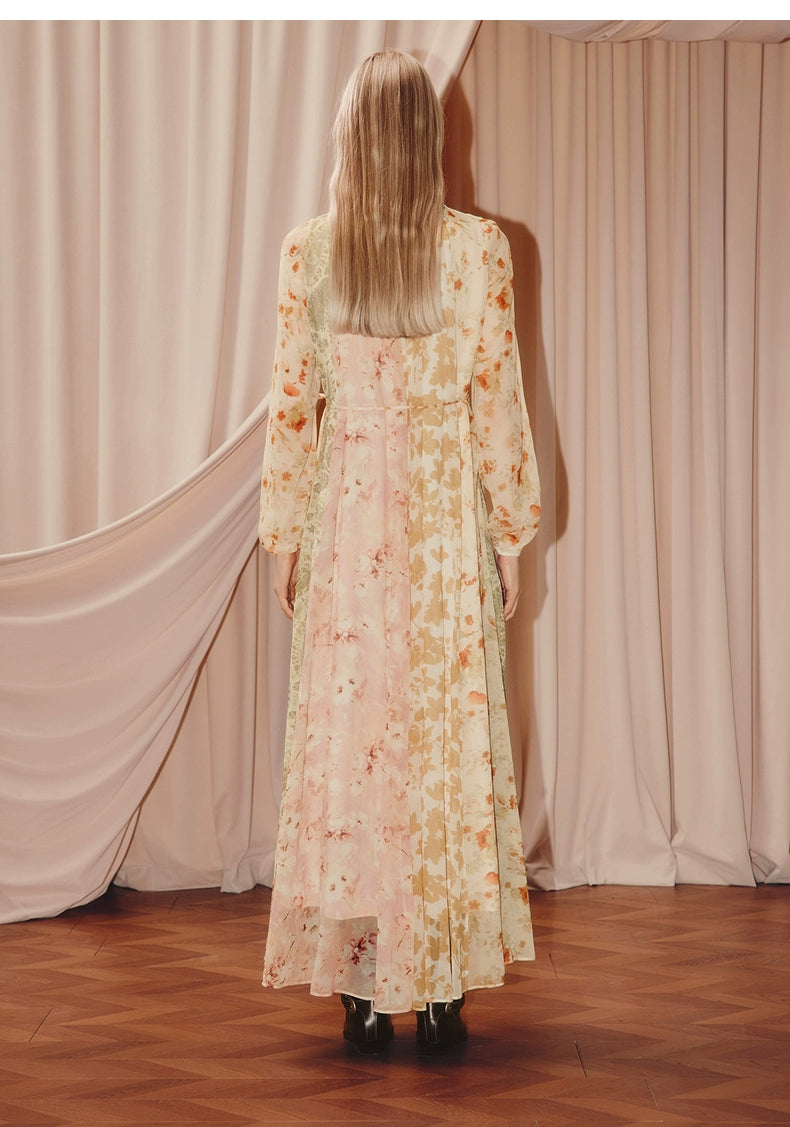 Floral Print V Neck Silk Long Sleeve Maxi Dress