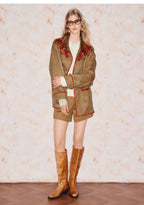 Embroidered Lapel Suede Fleece Jacket