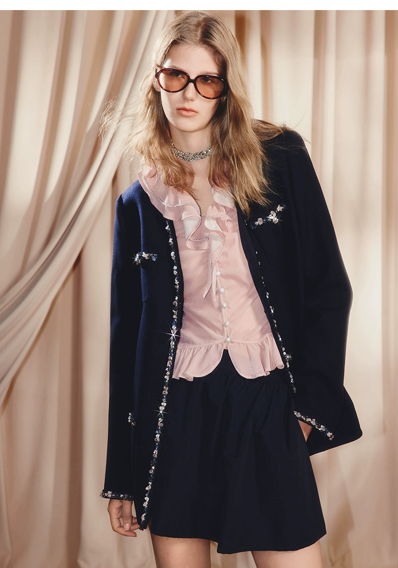 Pink V Neck Ruffled Long-sleeved Top