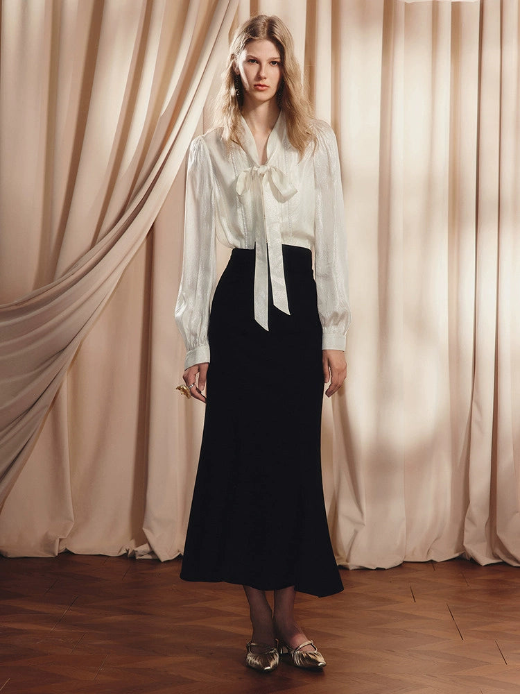 Lace Satin Bow Neckline Long Sleeve Blouse