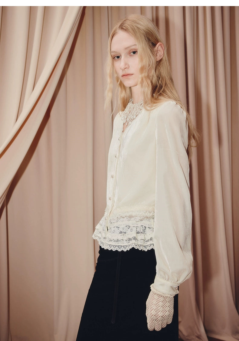 Velvet Lace V-neck Long-sleeved Top