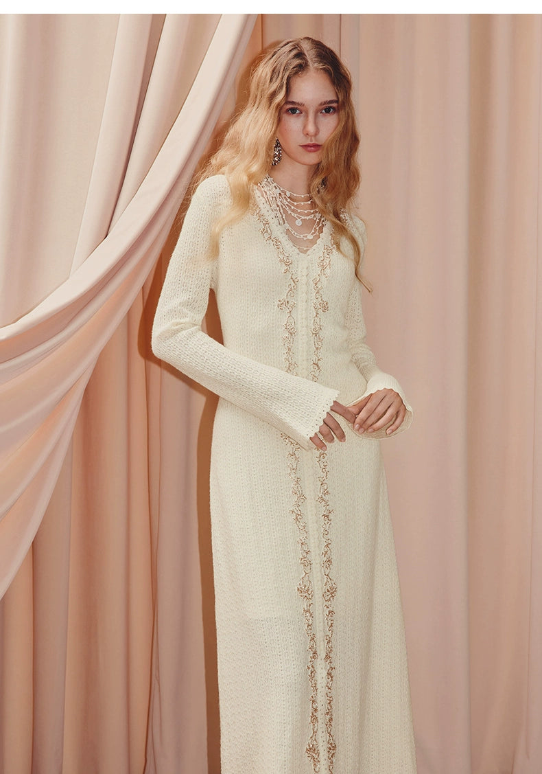 Long Sleeve V Neck Wool Knitted Dress