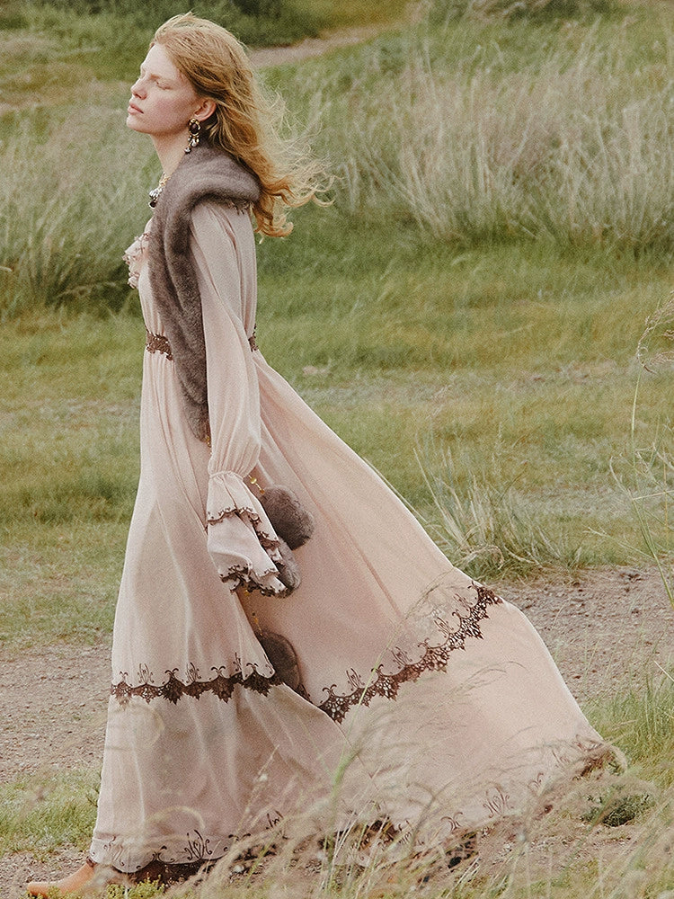 Pink V Neck Long Sleeve Lace Maxi Dress