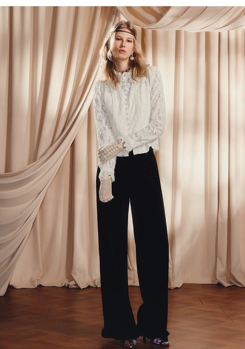 Vintage Lace Long Sleeve Ruffled Blouse