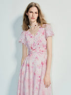 Chiffon Floral Print V Neck Pleated Short Sleeve Midi Dress