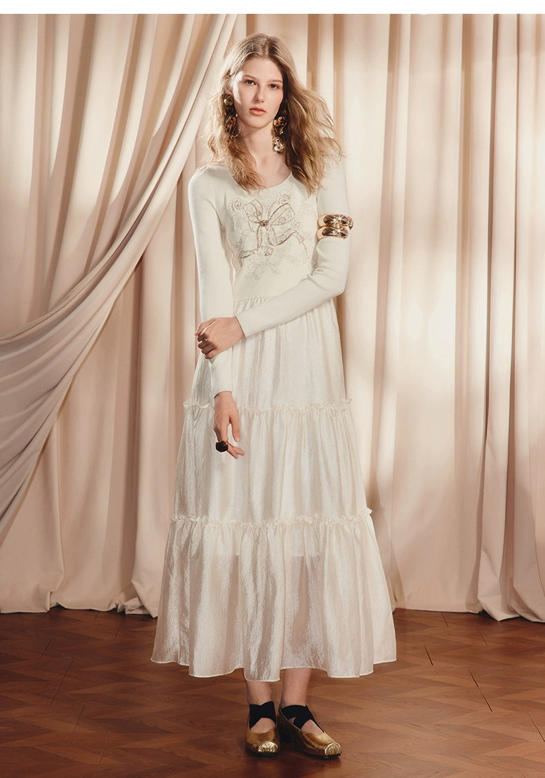 Beige Ruffled Cake Knitted Long Sleeve Dress